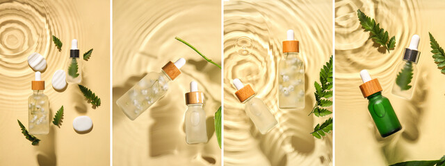 Collage with bottles of natural serum in water on beige background