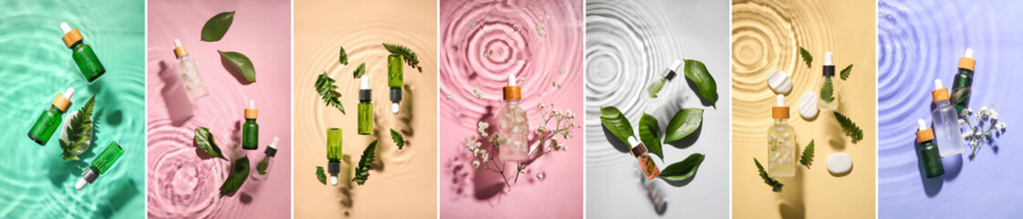Collage with bottles of natural serum in water on colorful background