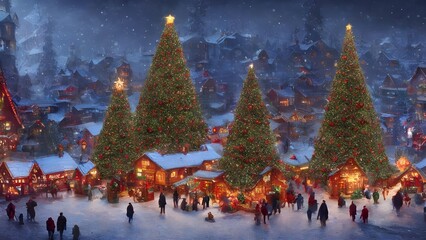 In the center of the village, there is a large Christmas tree. Its branches are decorated with lights and garlands. Around the tree, there are small houses made of wood and cardboard. Snowflakes are f