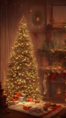 The Christmas tree is standing indoors in an antique house. It is a large evergreen, with branches spreading out evenly around the central trunk. The bottom of the tree is round and plump, tapering up