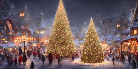 The scene is a quiet village in the midst of a blanket of snow, with houses huddled together and twinkling lights in the windows. The focal point is a tall Christmas tree in the center of town, surrou