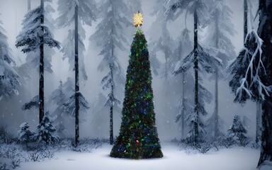 The Christmas tree is standing in the snow, surrounded by a beautiful forest. The sun is shining and the sky is blue.
