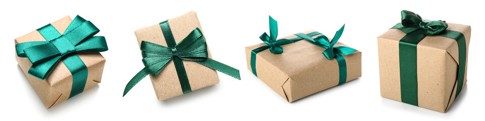 Set of gift boxes with green ribbons isolated on white
