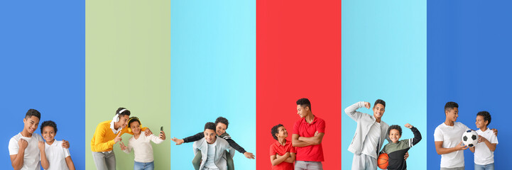 Collage of adorable African-American brothers on color background
