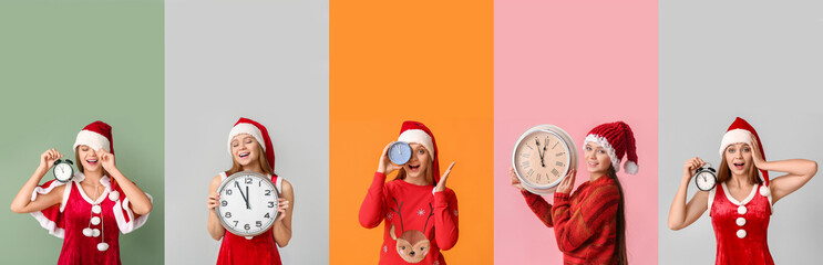 Set of beautiful young women in Santa hats and with clock on color background. Christmas countdown concept