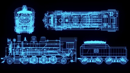 3D rendering illustration train blueprint glowing neon hologram futuristic show technology security for premium product business finance  transportation