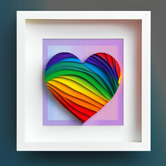 Heart made of rainbow paper placed on pink background with white frame promoting LGBT values, 3D illustration