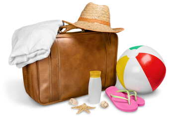 Beach Ball, Suitcase, Towel, Sun Hat, Flip-Flops and Sun Cream
