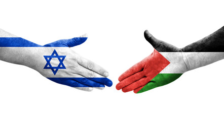 Handshake between Palestine and Israel flags painted on hands, isolated transparent image. - obrazy, fototapety, plakaty