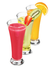 Close-up of fresh fruits drink set isolated on white background