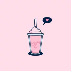Fotobehang strawberry milkshake with whip cream ice cream topping in takeaway plastic cup isolated illustration vector © Abdie