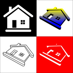 Illustration house logo with 2D and 3D view on black, white and red background