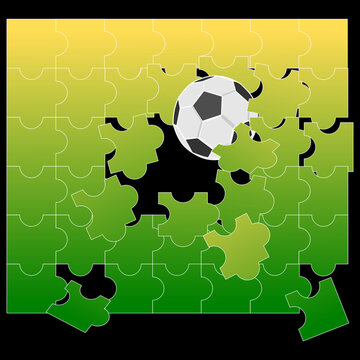 Illustration of a puzzle game with pieces falling from being hit by a soccer ball