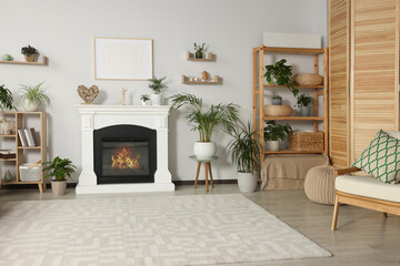 Fototapeta premium Stylish living room interior with fireplace and houseplants