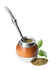 Calabash with mate tea, bombilla and green leaves on white background