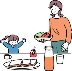 母親と子供が朝食の準備をしているイラスト素材