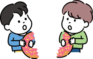 分かれたドーナツに驚く2人の子供のイラスト素材