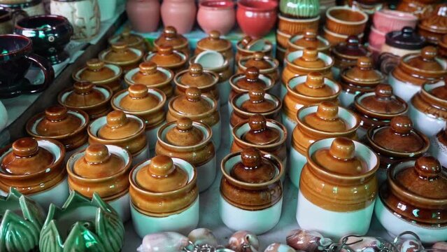 Porcelain Pottery And Vase In Bhedaghat Souvenir Market At Jabalpur, Madhya Pradesh, India. High Angle