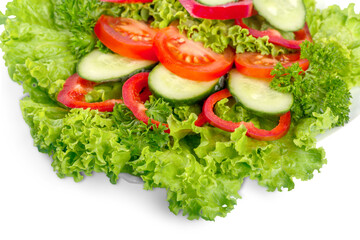 Close-up photo of fresh salad with vegetables in white plate