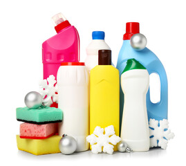 Cleaning supplies with Christmas decor on white background