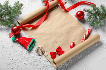 Composition with blank letter to Santa, Christmas decorations and snow on white background