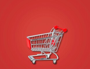 Classic shopping cart on color background