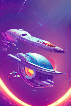 Space Pub Flying Through the Outer Space - Futuristic Graphic Art
