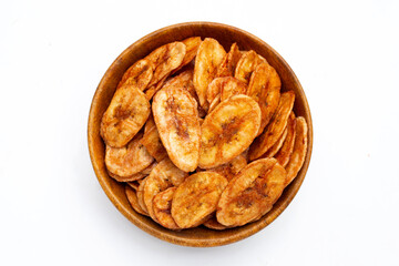 Banana chips on white background