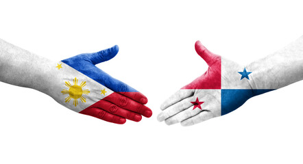 Handshake between Panama and Philippines flags painted on hands, isolated transparent image.