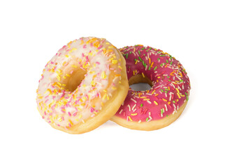 Beige and red donut isolated on white background.