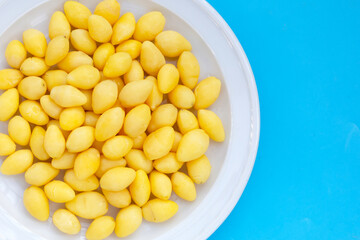 Boiled ginkgo nuts on blue background.