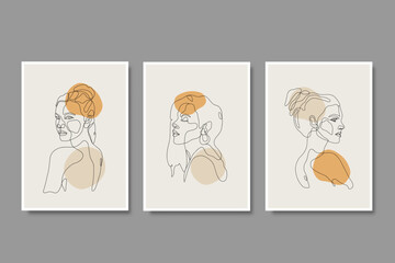set of a woman's one line drawing portrait poster illustration,beautiful woman one line illustration