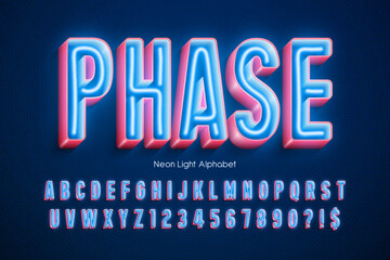 Neon light 3d alphabet, retro-futuristic original type.