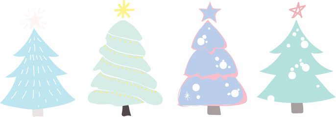 Set of 4 Christmas trees with different designs, decorations and colors, vector format, changeable.