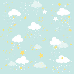 Pastel blue wallpaper, white clouds, falling snow and golden dust particles, golden stars.