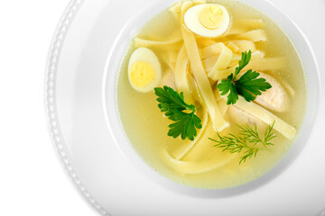 Close-up of tasty soup isolated on table background