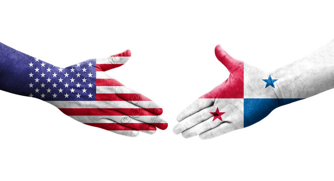 Handshake between Panama and USA flags painted on hands, isolated transparent image.