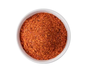 Papier Peint photo Piments forts Crushed red chili pepper in white bowl on transparent png