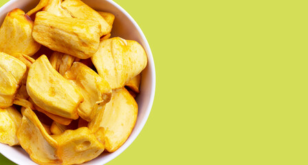 Jackfruit chips on green background