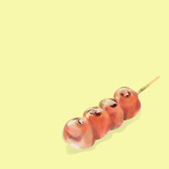 Mitarashi Dango, Japanese sweets rice cakes yellow background 