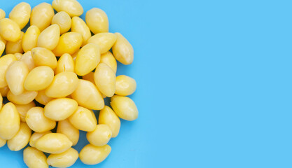 Boiled ginkgo nuts on blue background.