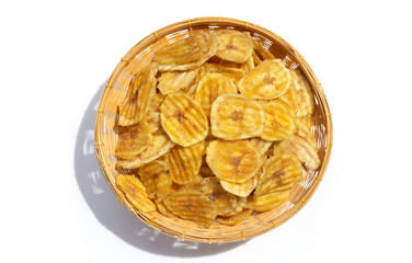 Banana slice chips on white background.