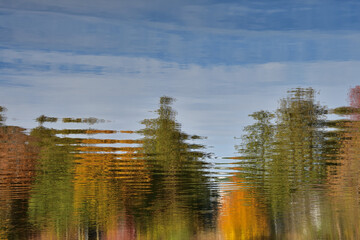 Abstract reflection of autumn colored trees into lake moving water.