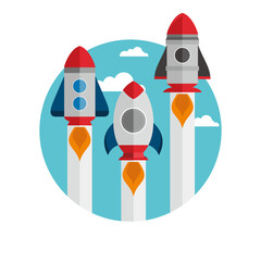 Design concept of three rockets flying together vertically emitting fire and smoke on a minimalist cloud background.