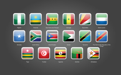 3D rectangular and round glossy design flag icons for African countries. Vector illustration.