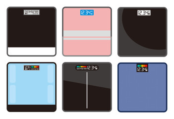 Top view design of six digital scales with weight and body mass index indicators.