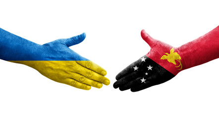 Handshake between Papua New Guinea and Ukraine flags painted on hands, isolated transparent image.