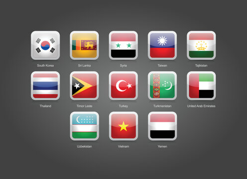3D rectangular and round glossy design flag icons for Asian countries. Vector illustration.