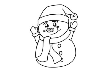 Chubby Snowman Cartoon Character Line Art Vector