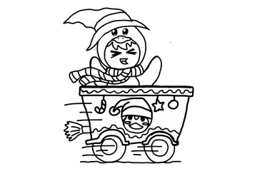 Adorable Child in Penguin Witch Costume Riding on Christmas Train